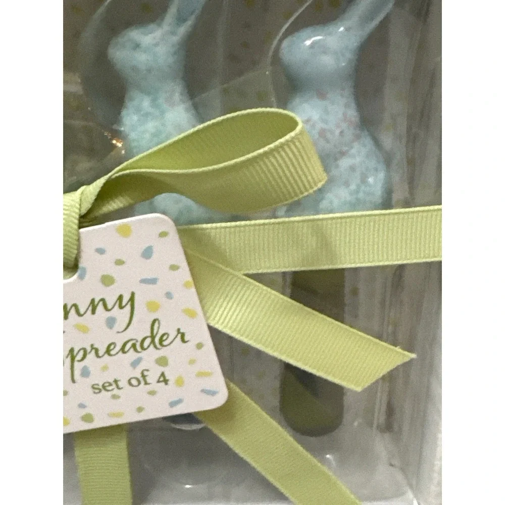 NIB Easter Bunny Spreader‎ Set of 4 Blue Ceramic Handles Stainless Steel Spring